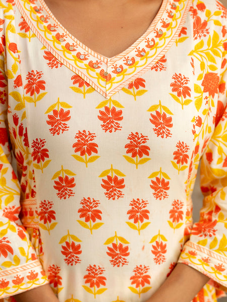 Miramaar Women's Yellow Printed Rayon Anarkali Adda Work Kurta Dupatta Set