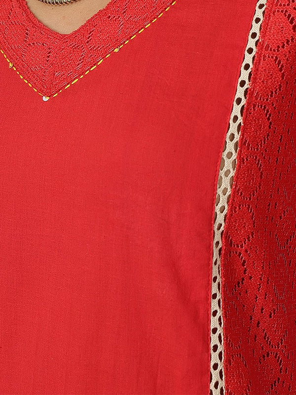 Miramaar Women's Red Cotton Straight V-Neck Kurta Set with Dupatta