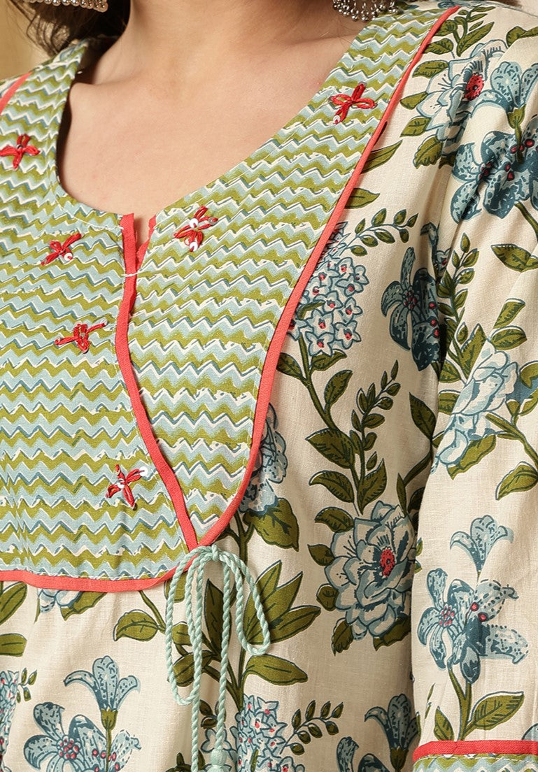 Miramaar Women's Beige & Green Katha Work Round Neck Kurta Pant with Dupatta