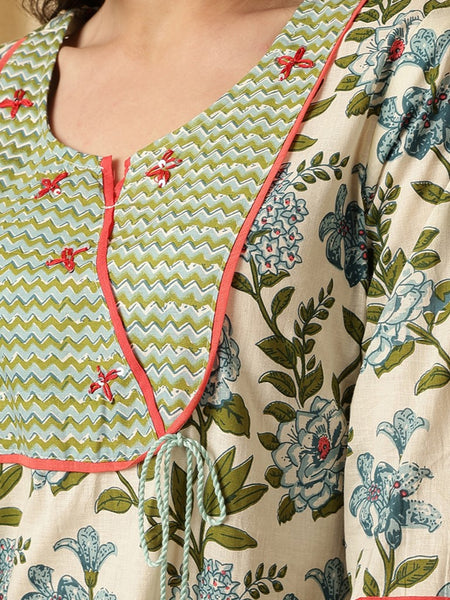 Miramaar Women's Beige & Green Katha Work Round Neck Kurta Pant with Dupatta