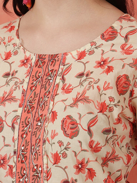 Miramaar Women's Yellow Printed Cotton Straight Adda Work Kurta Dupatta Set