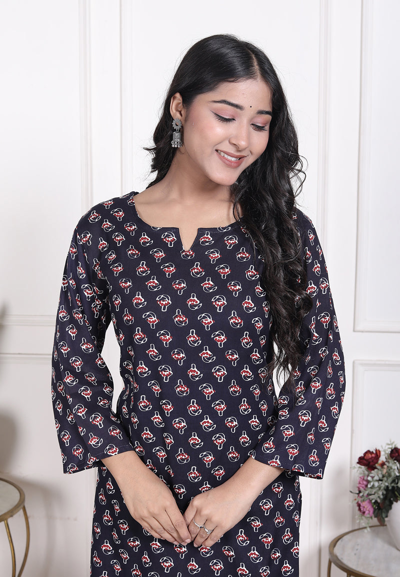 Miramaar Women's Navy Blue Printed Rayon Coord Set