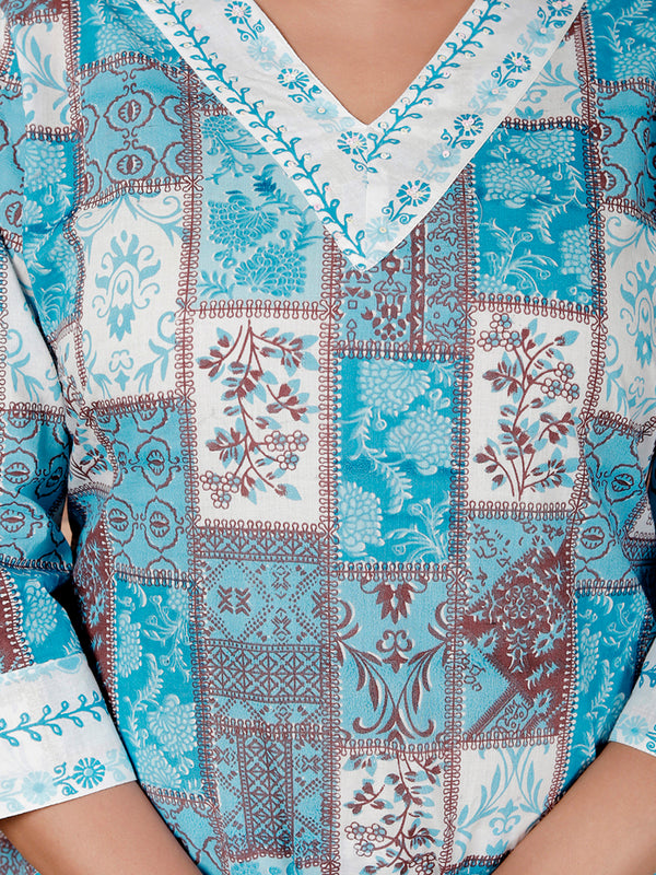 Miramaar Women's Blue Cotton Adda Work Straight Kurta Dupatta Set