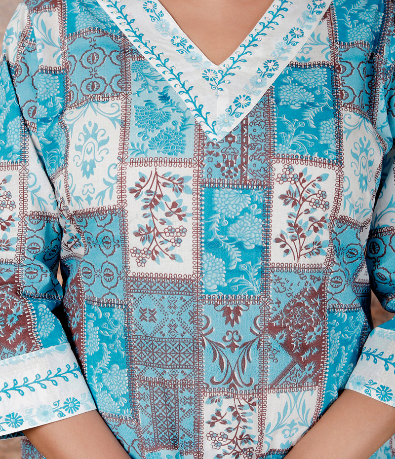 Miramaar Women's Blue Cotton Adda Work Straight Kurta Dupatta Set