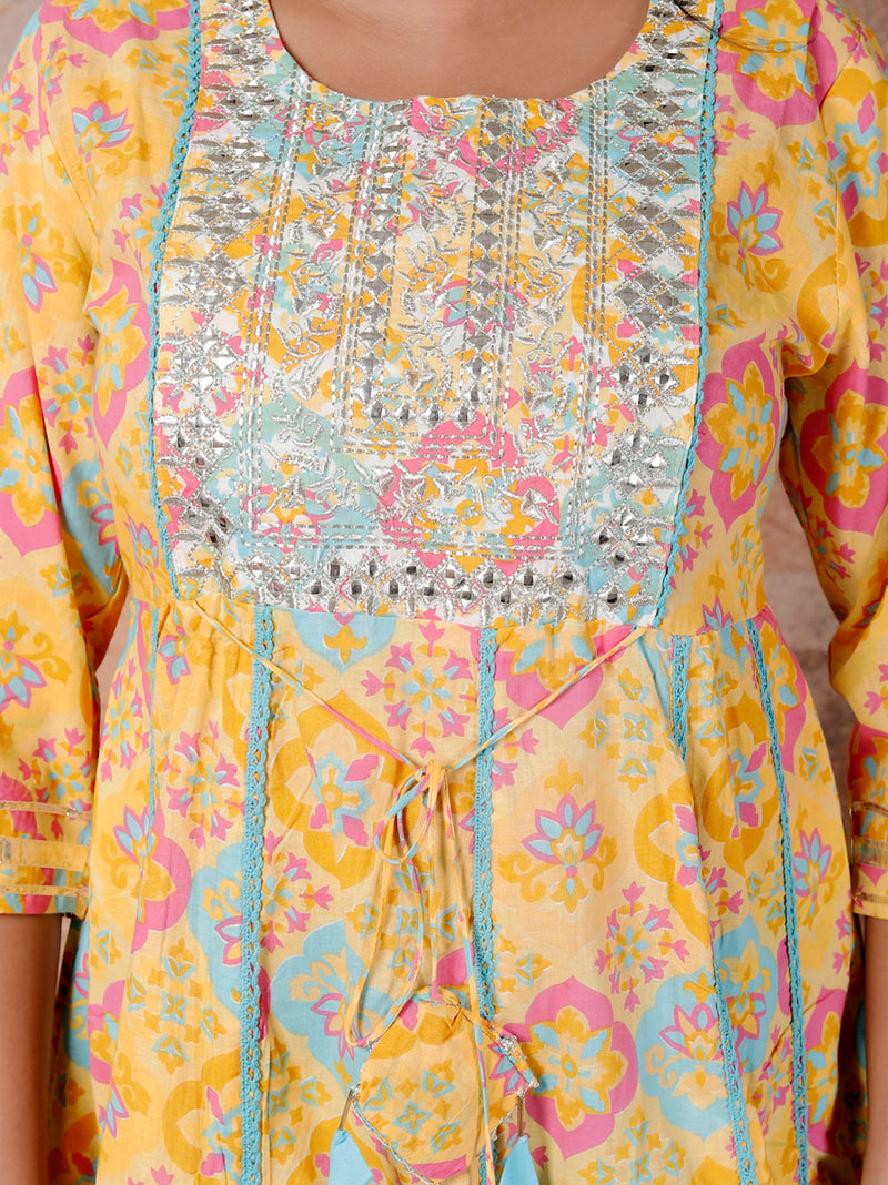 Miramaar Women's Yellow & Blue Cotton Anarkali Embroidered Kurta Pant with Dupatta