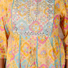 Miramaar Women's Yellow & Blue Cotton Anarkali Embroidered Kurta Pant with Dupatta