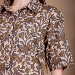 Miramaar Women's Cotton Spread Collar Beige Printed Top