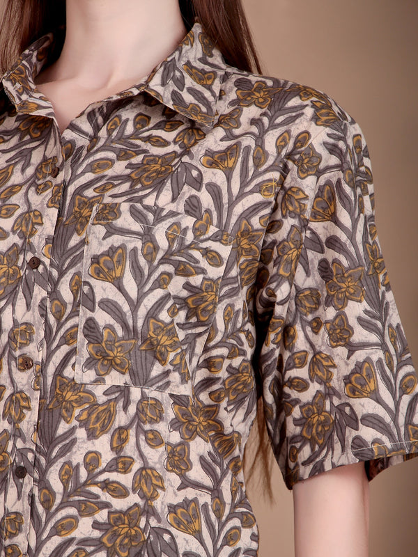 Miramaar Women's Cotton Spread Collar Beige Printed Top