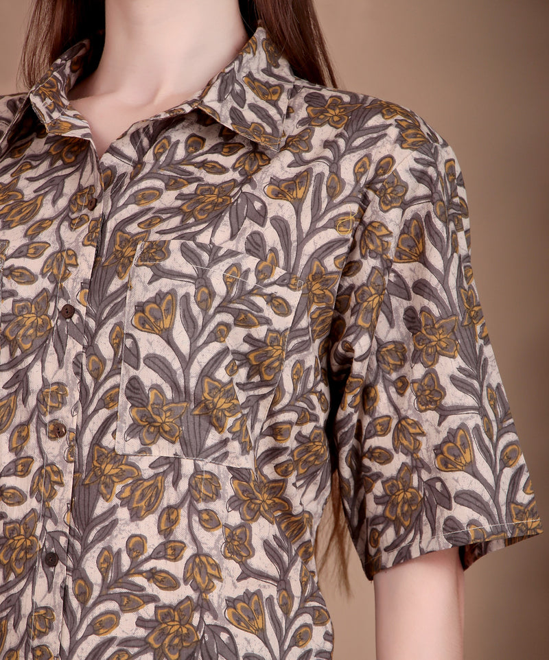 Miramaar Women's Cotton Spread Collar Beige Printed Top