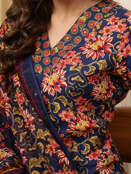 Miramaar Women's Navy Blue Printed V-Neck Straight Embroidered Kurta Pant with Dupatta