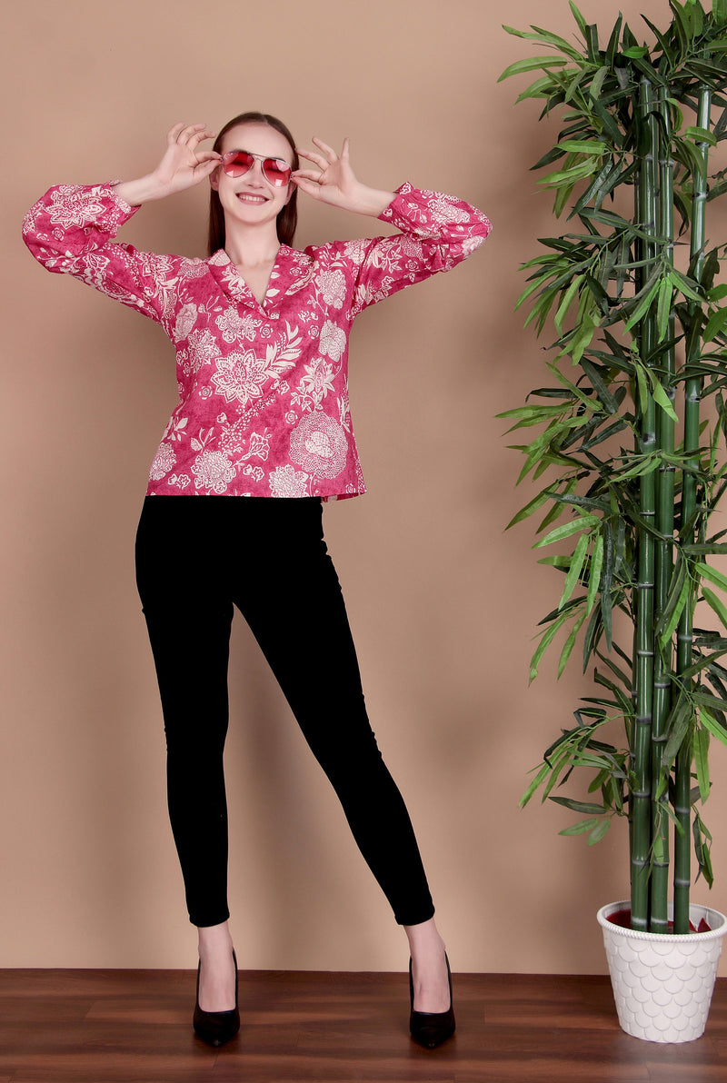 Miramaar Women's Cotton V-Neck Pink Printed Top