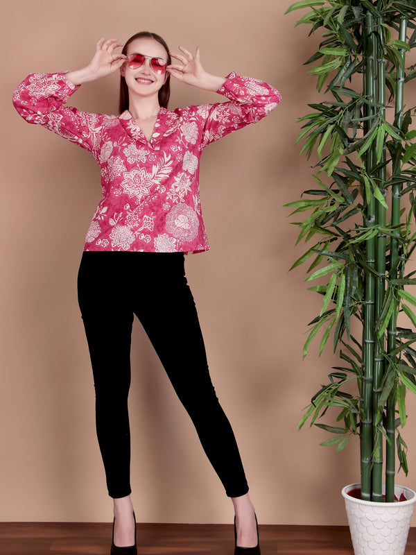 Miramaar Women's Cotton V-Neck Pink Printed Top