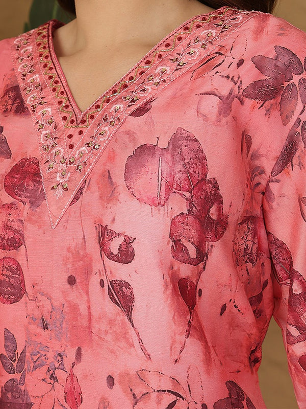 Miramaar Women's Peach Digital Print Straight Muslin Kurta Set with Dupatta