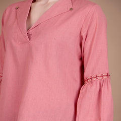 Miramaar Women's Cotton Flex Collared Pink Solid Embroidered Top