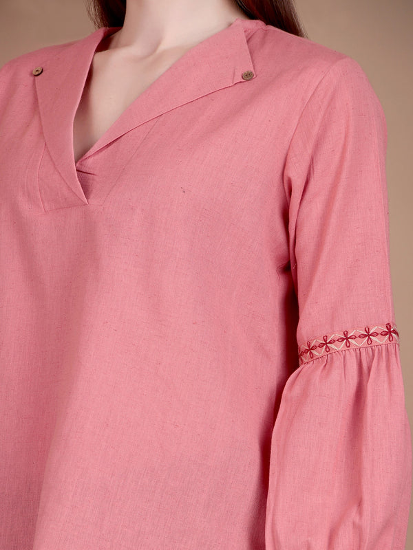 Miramaar Women's Cotton Flex Collared Pink Solid Embroidered Top