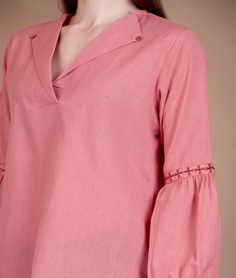 Miramaar Women's Cotton Flex Collared Pink Solid Embroidered Top