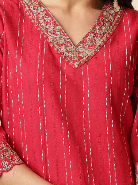 Miramaar Women's Red Sequence Work Vatican Silk Straight Kurta Pant with Dupatta