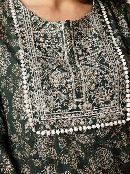 Miramaar Women's Green Foil Print Rayon Anarkali Embroidered Kurta Pant with Dupatta