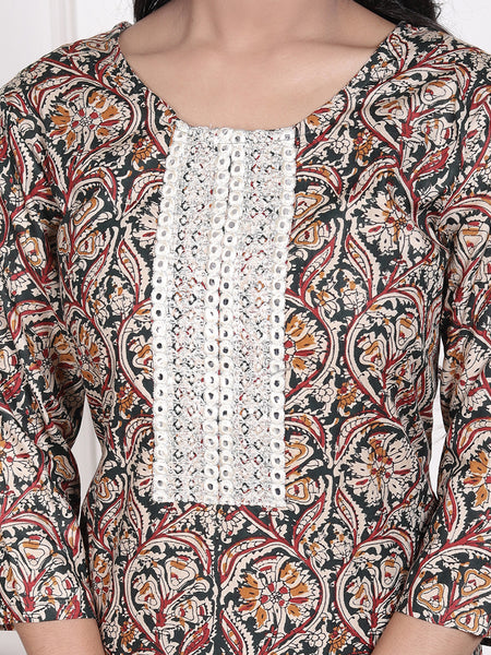 Miramaar Women's Green Lace Work Round Neck Straight Rayon Kurti