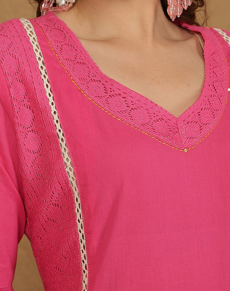 Miramaar Women's Pink Cotton Schiffli Lace Work Kurta Set with Dupatta