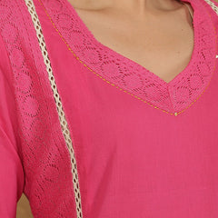 Miramaar Women's Pink Cotton Schiffli Lace Work Kurta Set with Dupatta