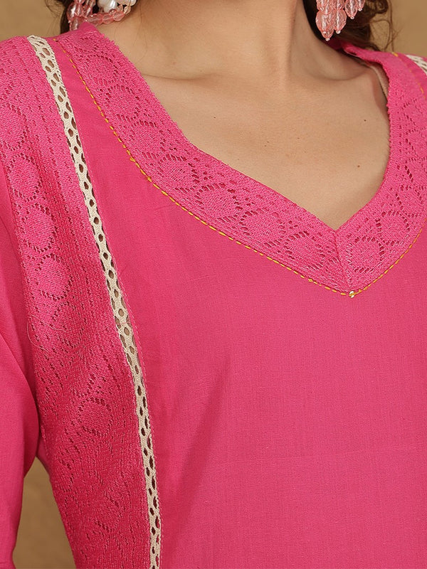 Miramaar Women's Pink Cotton Schiffli Lace Work Kurta Set with Dupatta