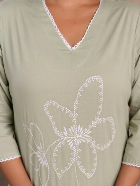 Miramaar Women's Cotton Light Green Straight Embroidered Kurta Pant with Dupatta