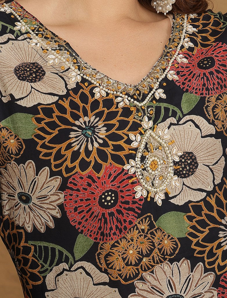 Miramaar Women's Black Modal Straight Kurta Set with Dupatta & Adda Work