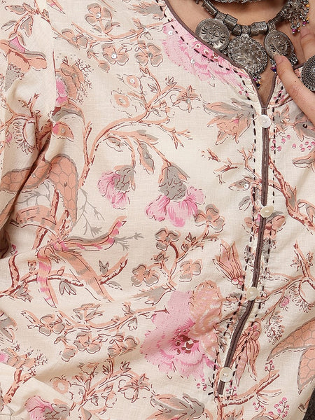 Miramaar Women's Pink Round Neck Straight Katha Work Kurta Pant with Dupatta