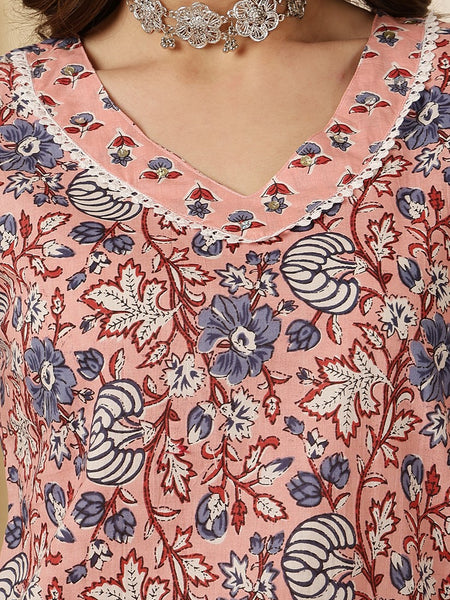 Miramaar Women's Peach Block Print V-Neck Straight Kurta Pant with Dupatta