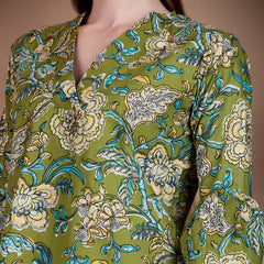 Miramaar Women's Cotton V-Neck Green Printed Top