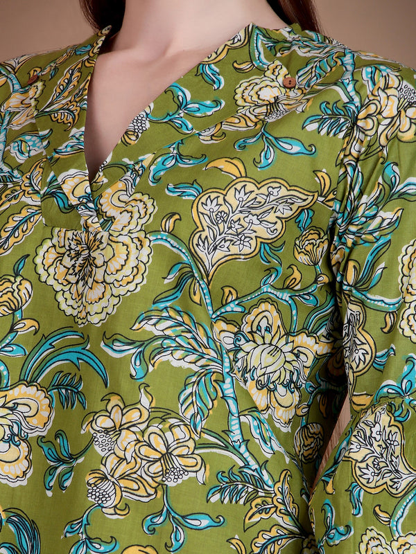 Miramaar Women's Cotton V-Neck Green Printed Top