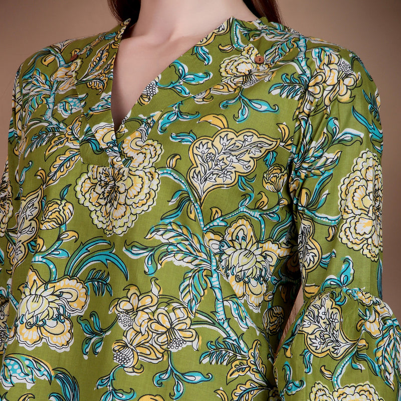 Miramaar Women's Cotton V-Neck Green Printed Top