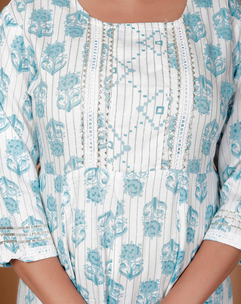 Miramaar Women's Off White & Blue Rayon Round Neck A-line Kurta Set with Dupatta