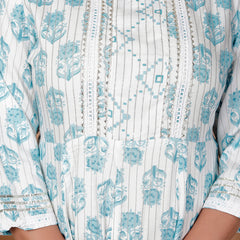 Miramaar Women's Off White & Blue Rayon Round Neck A-line Kurta Set with Dupatta