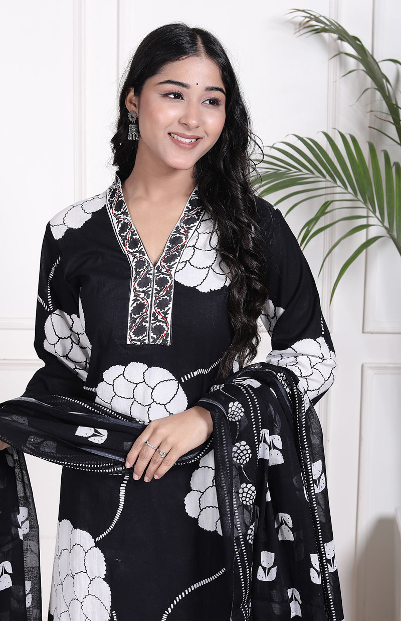 Miramaar Women's Black Straight Printed Kurta Pant Dupatta Set