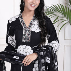 Miramaar Women's Black Straight Printed Kurta Pant Dupatta Set