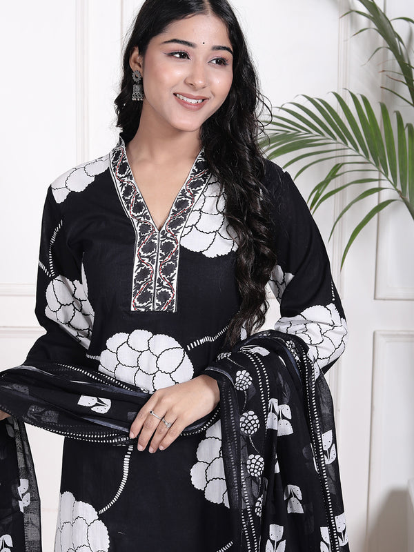 Miramaar Women's Black Straight Printed Kurta Pant Dupatta Set