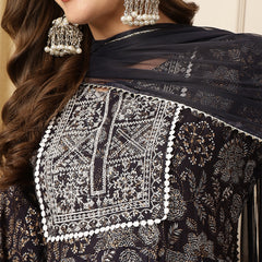 Miramaar Women's Black Foil Printed Rayon Embroidered Anarkali Kurti