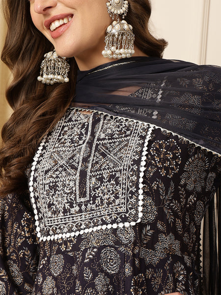 Miramaar Women's Black Foil Printed Rayon Embroidered Anarkali Kurti