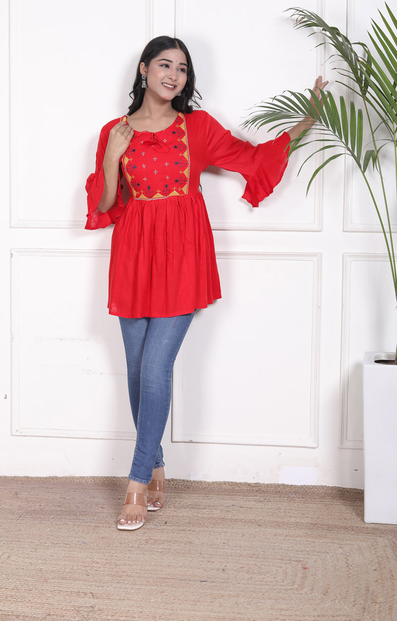 Miramaar Women's Rayon Embroidered Red Top