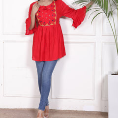 Miramaar Women's Rayon Embroidered Red Top