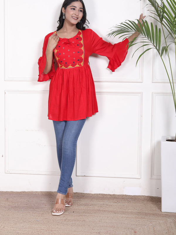 Miramaar Women's Rayon Embroidered Red Top