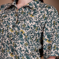 Miramaar Women's Cotton Spread Collar Green Printed Top