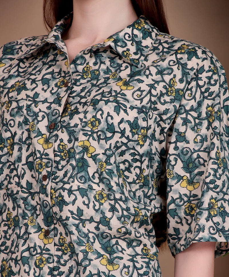 Miramaar Women's Cotton Spread Collar Green Printed Top