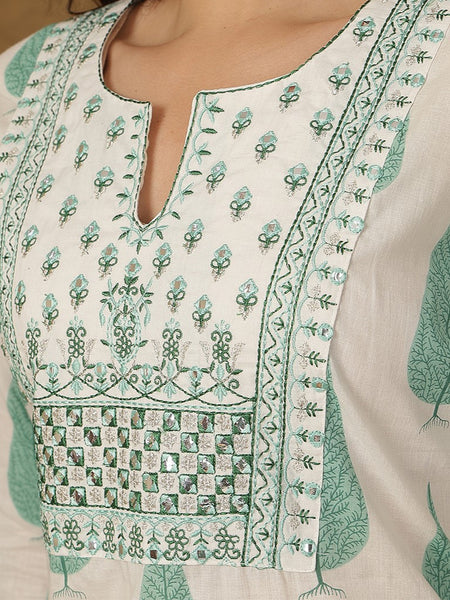 Miramaar Women's Green Cotton Round Neck Ebroidered Kurta Set with Dupatta