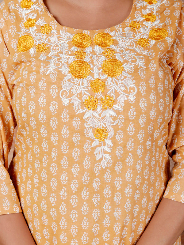 Miramaar Women's Mustard Cotton Straight Neck Embroidered Kurta Set with Dupatta