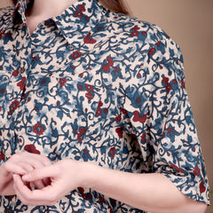 Miramaar Women's Cotton Spread Collar Blue Printed Top