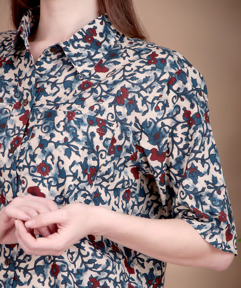 Miramaar Women's Cotton Spread Collar Blue Printed Top