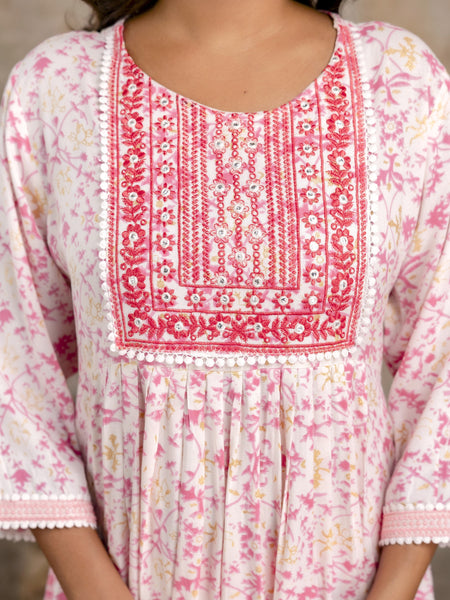 Miramaar Women's Pink Rayon A-line Embroidered Kurta Pant Set